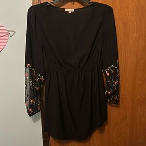 Sheer Black Blouse with Embroidered Sleeves
